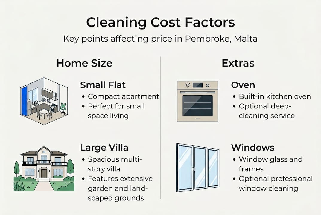 Infographic showing house cleaning cost factors in Pembroke Malta including home size frequency and extras