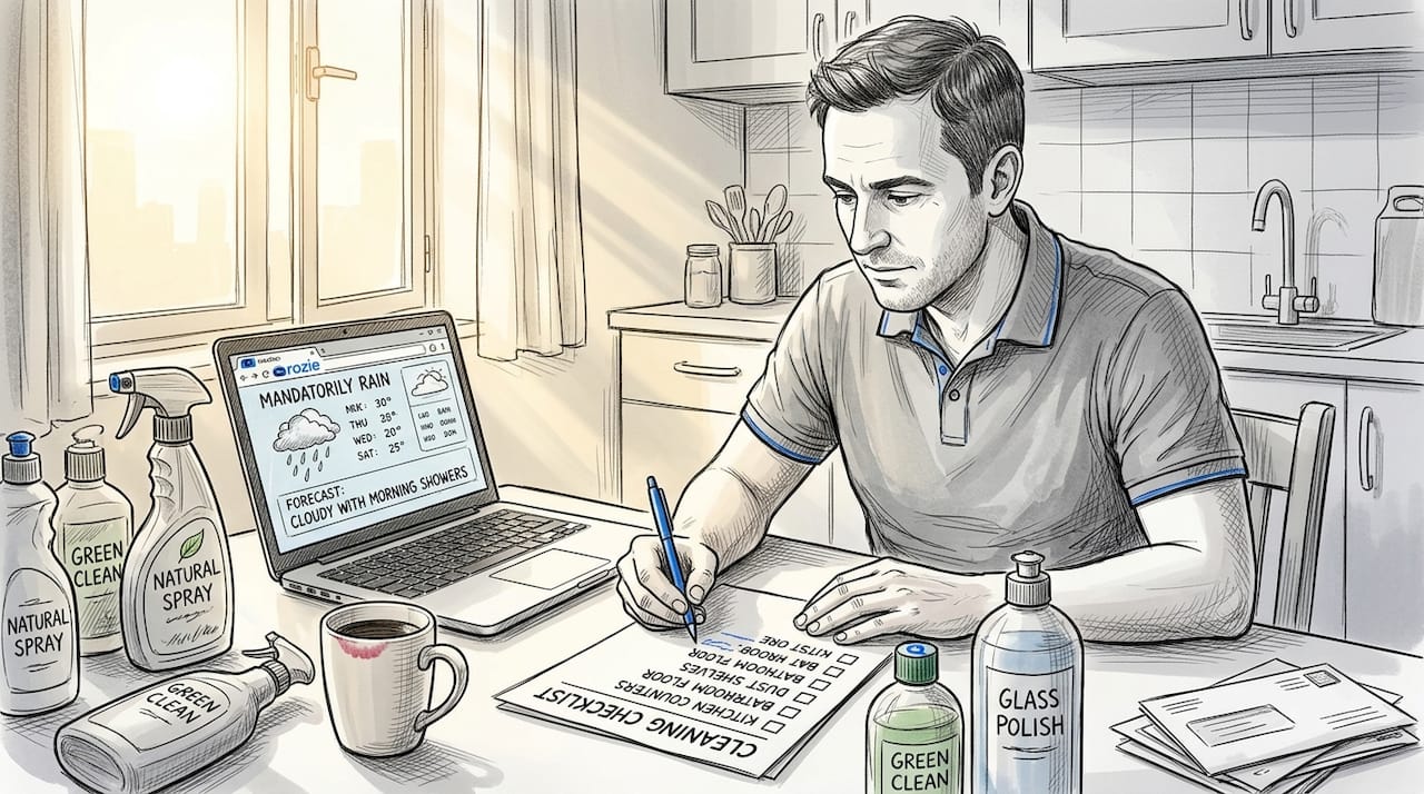 Man preparing a cleaning checklist in a modern kitchen before professional cleaner arrives