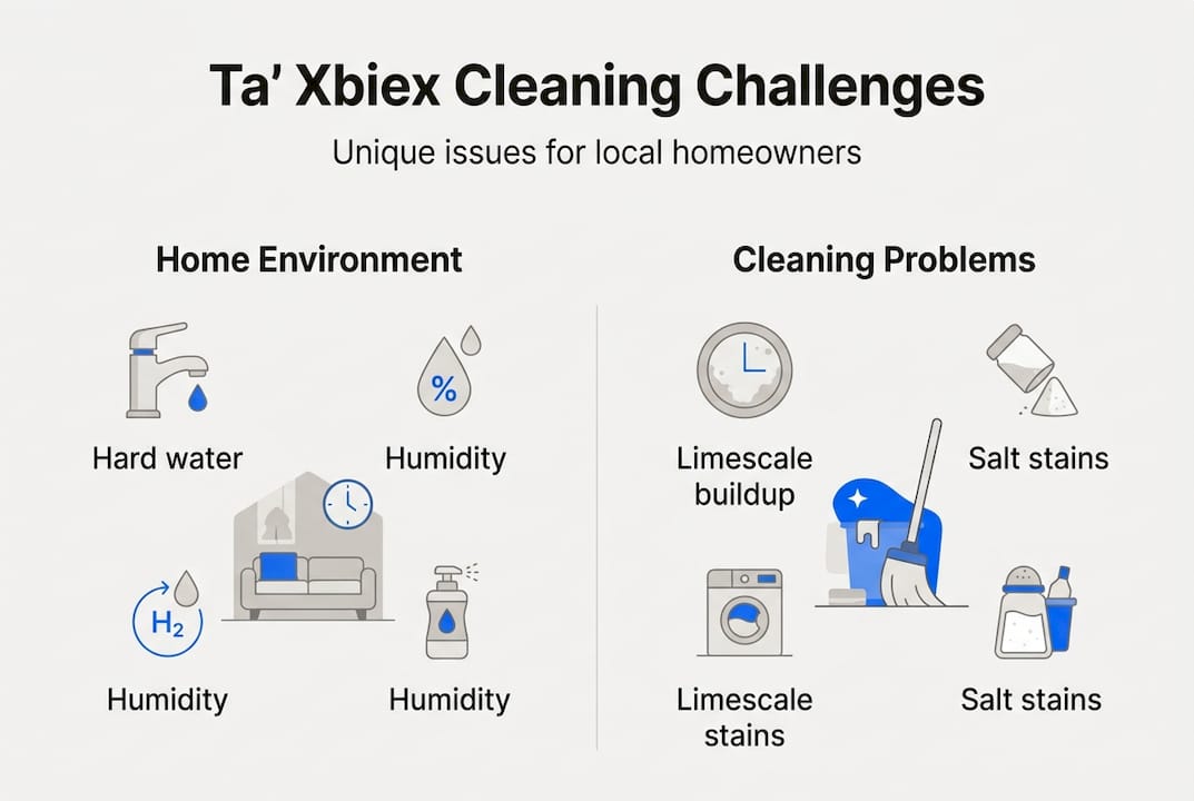 Infographic showing Ta' Xbiex house cleaning challenges including limescale humidity and dust