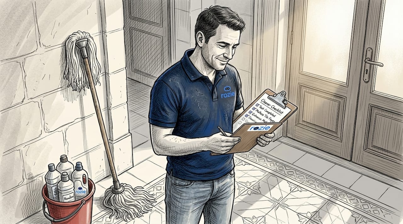 Cleaner checking a task checklist at an apartment entrance in Malta