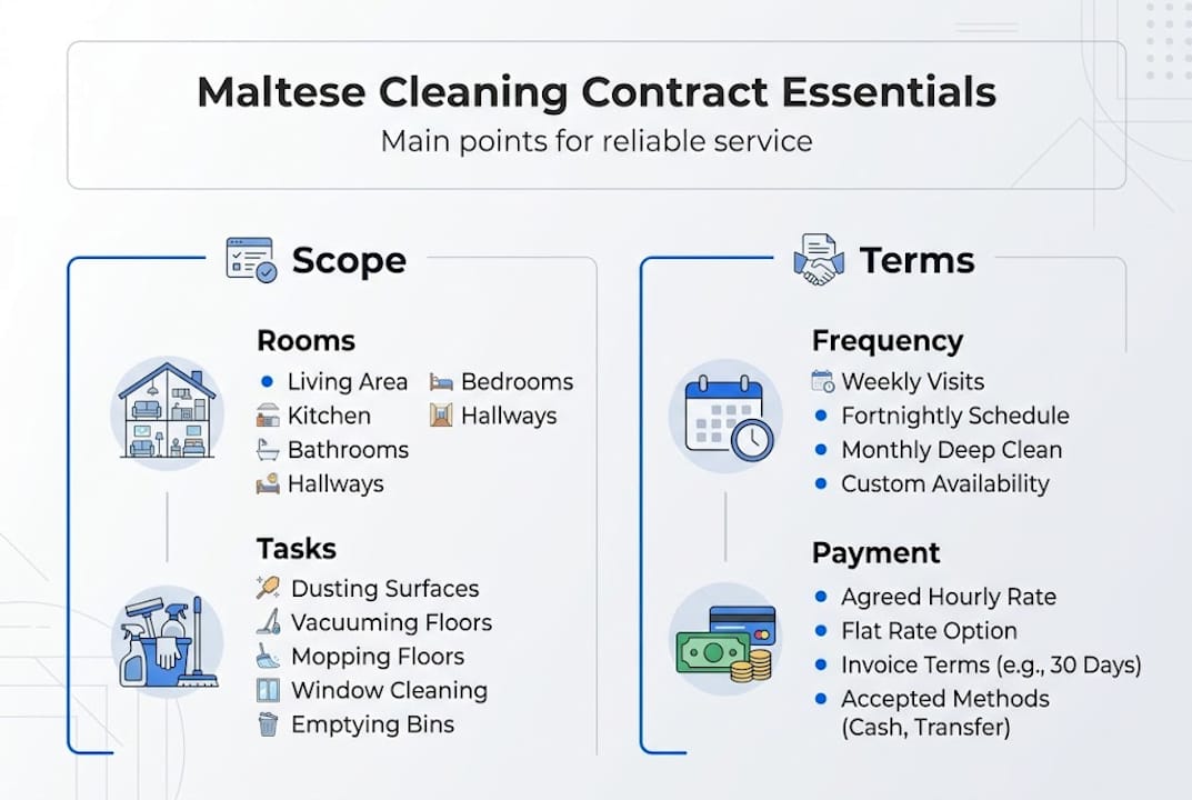 Infographic showing essential elements of a cleaning contract in Malta