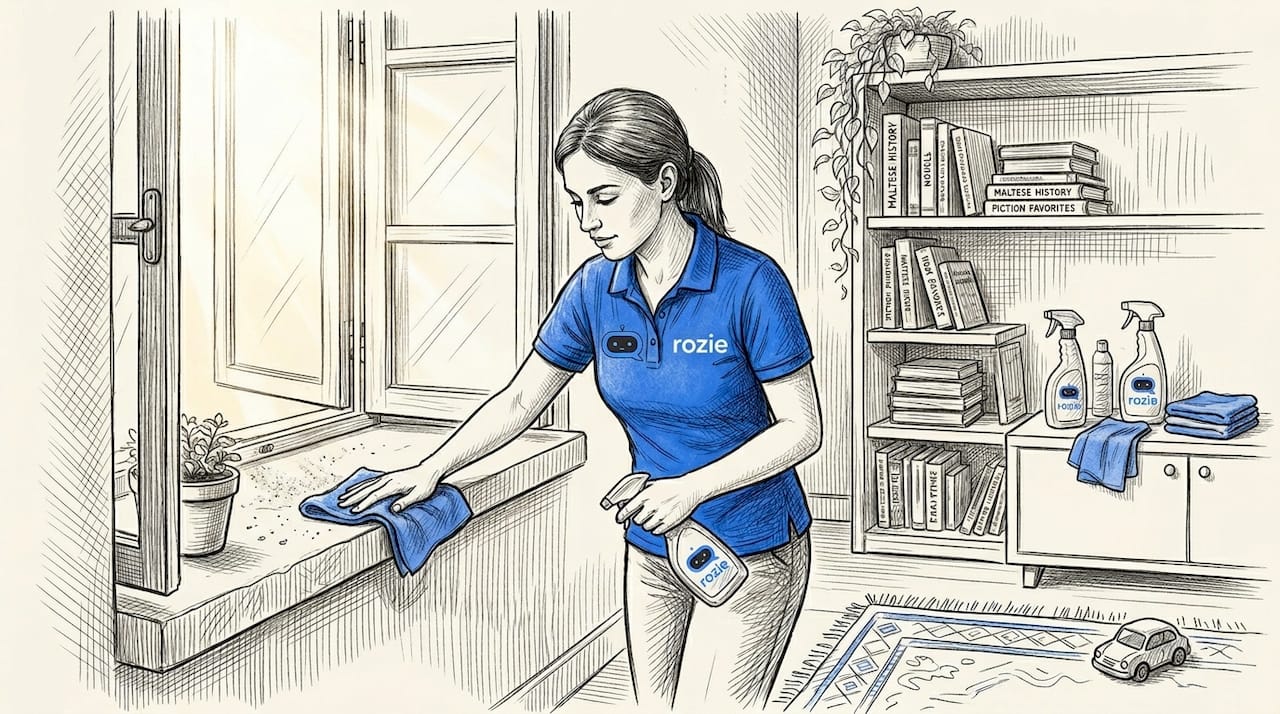 Professional cleaner carefully wiping a limestone windowsill in a Malta apartment