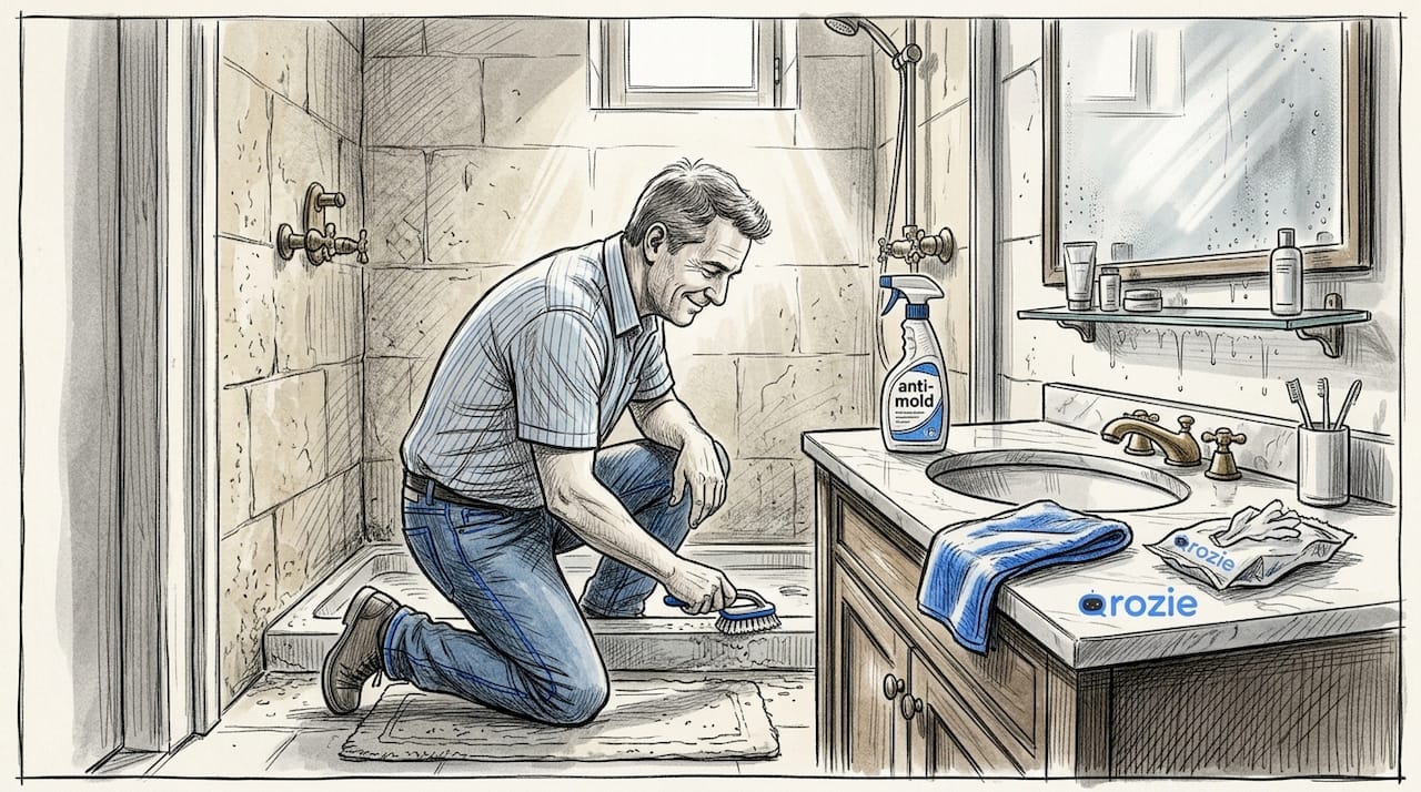 Professional cleaner scrubbing limestone and limescale in a Maltese bathroom