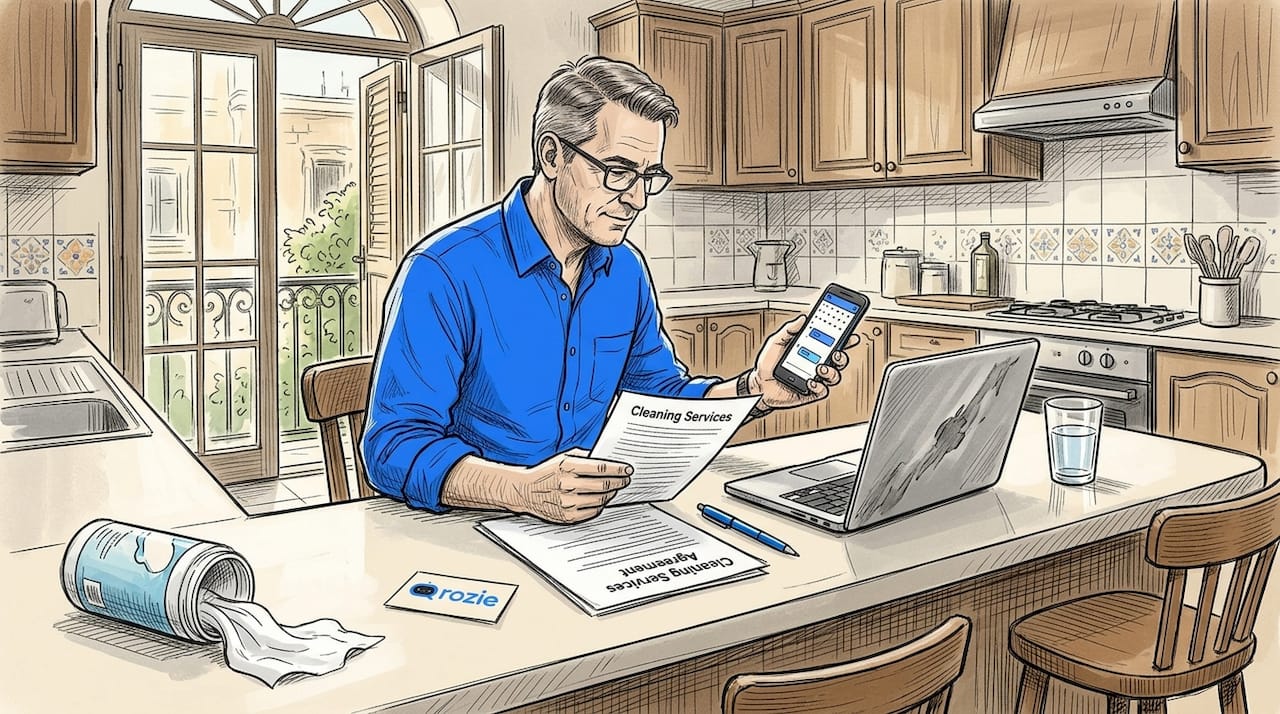 Man reviewing a cleaning bill in a Maltese kitchen