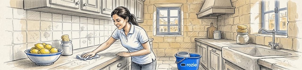 Cleaner carefully wiping limestone tiles in a Maltese kitchen