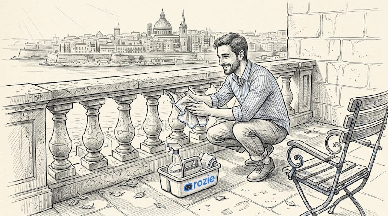 Cleaner wiping Saharan dust from a limestone balcony in Malta