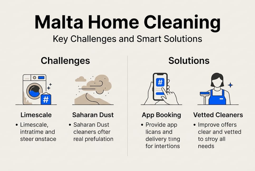 Infographic showing Malta cleaning challenges including hard water, humidity, Saharan dust, and limestone floors