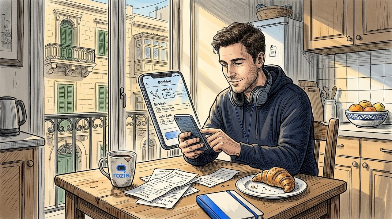 Man booking a same-day cleaner on his phone at a kitchen table in Malta