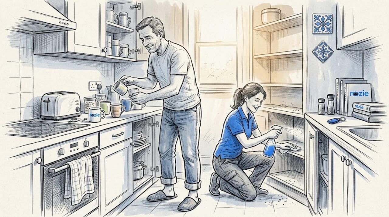 Deep cleaning inside a Maltese kitchen cabinet during a one-off service