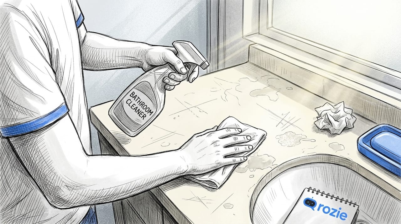 Professional cleaner applying pH-neutral spray to a limestone bathroom sink in Malta