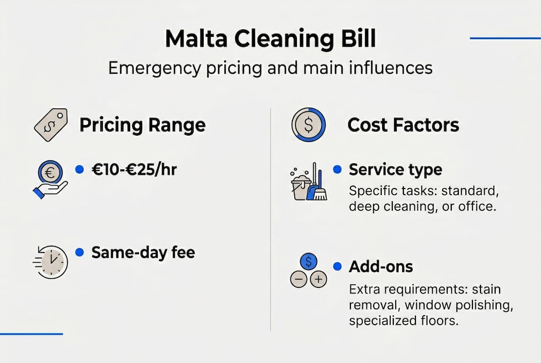 Infographic showing cost factors that affect emergency cleaning pricing in Malta