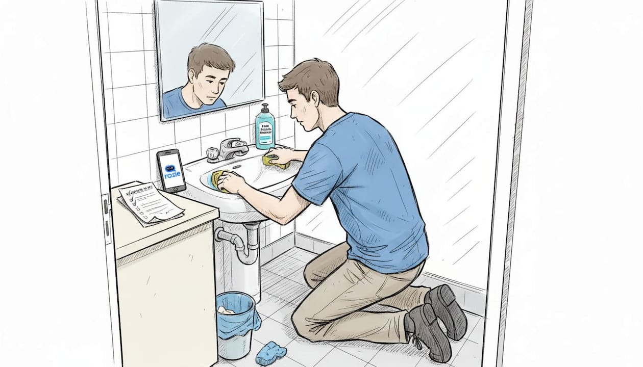 Professional cleaner working through an end of tenancy bathroom checklist in Malta