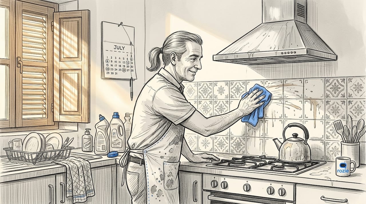 Person cleaning tile backsplash in a Maltese kitchen during deep clean