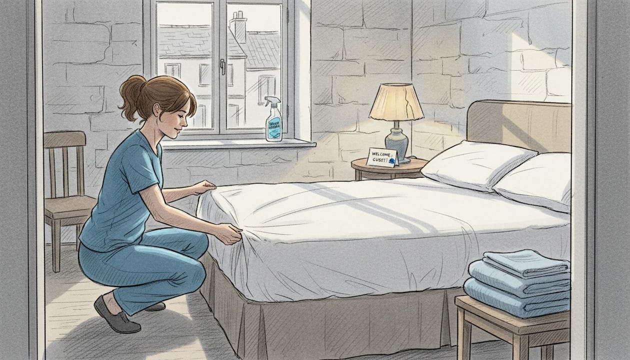 Professional cleaner making bed during short-let turnover in a Malta apartment