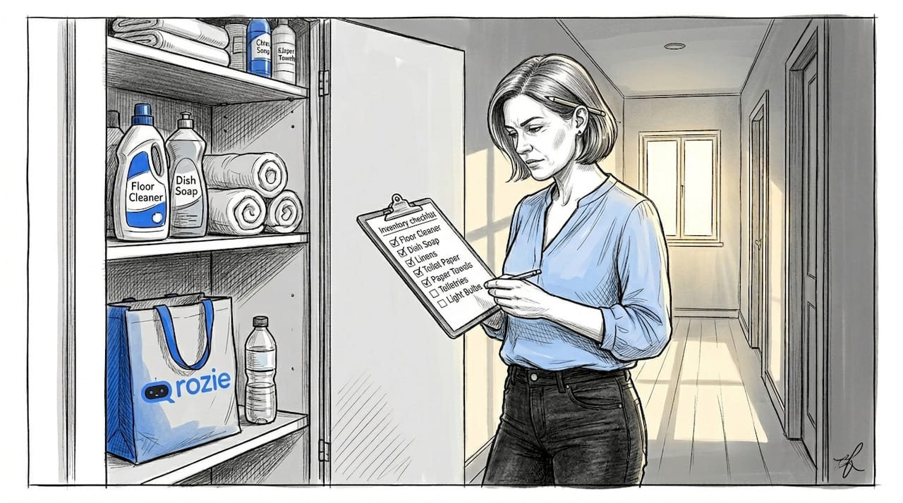 Property manager checking supply inventory in a Malta short-let hallway between guest stays