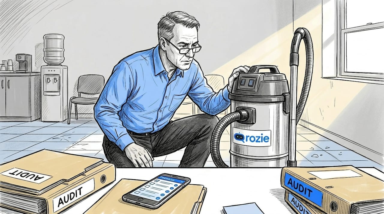 Supervisor inspecting commercial cleaning equipment in a Malta office