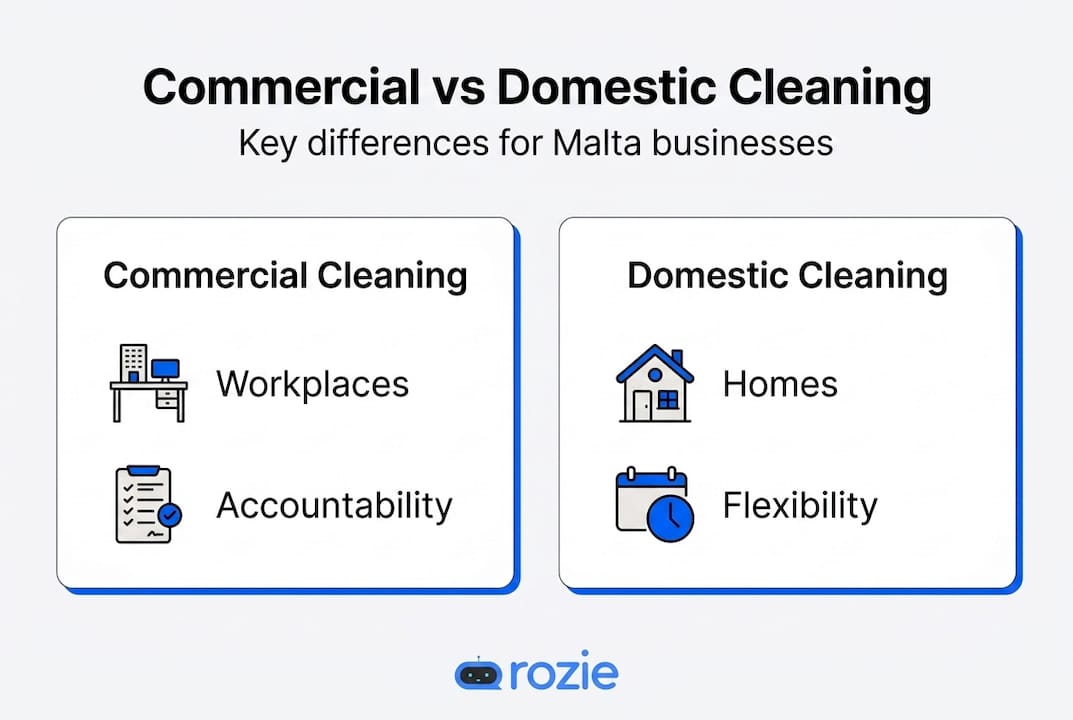 Infographic comparing commercial and domestic cleaning service in Malta