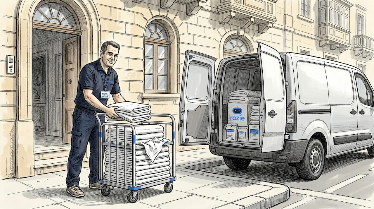 Linen service worker delivering a fresh stack of clean towels to a Malta apartment