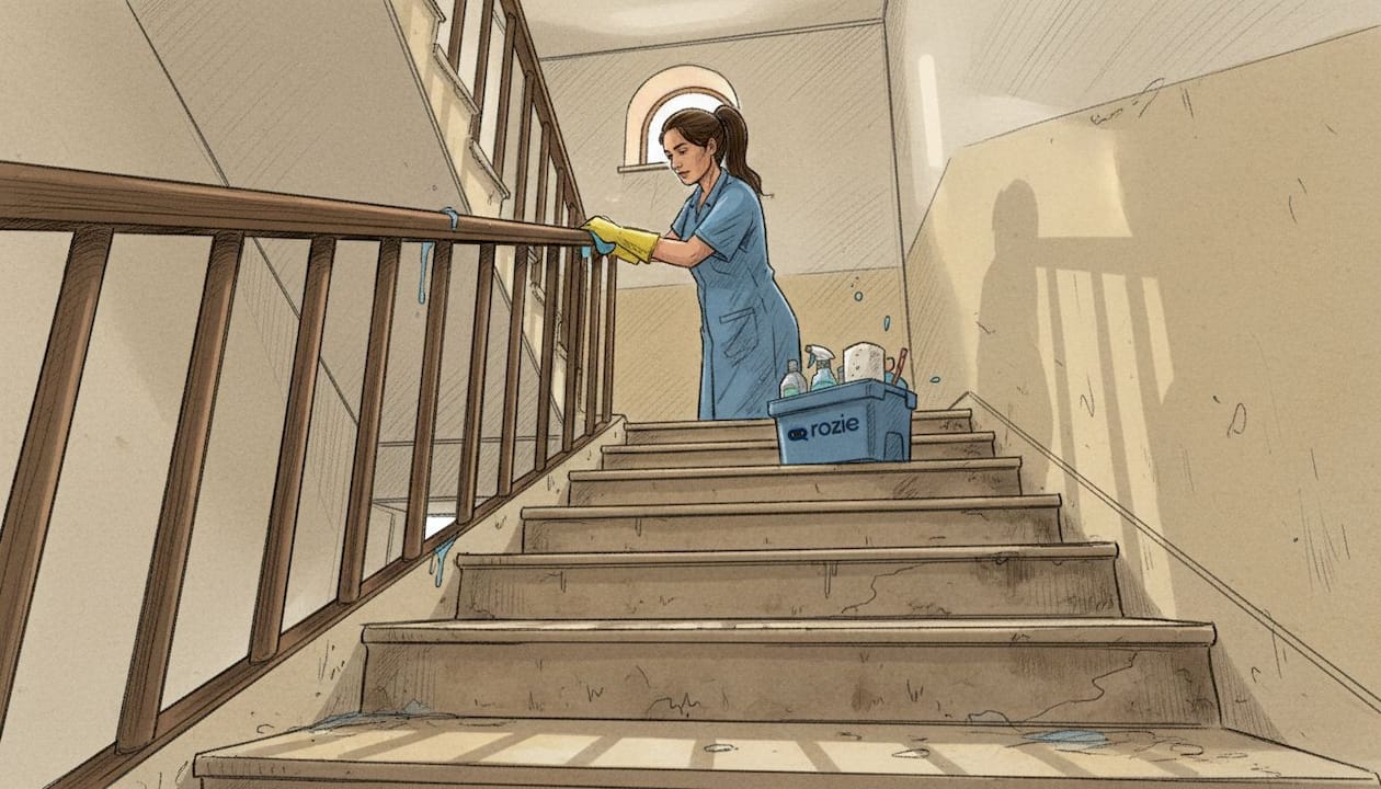Cleaner wiping the banister of an apartment block staircase in Malta