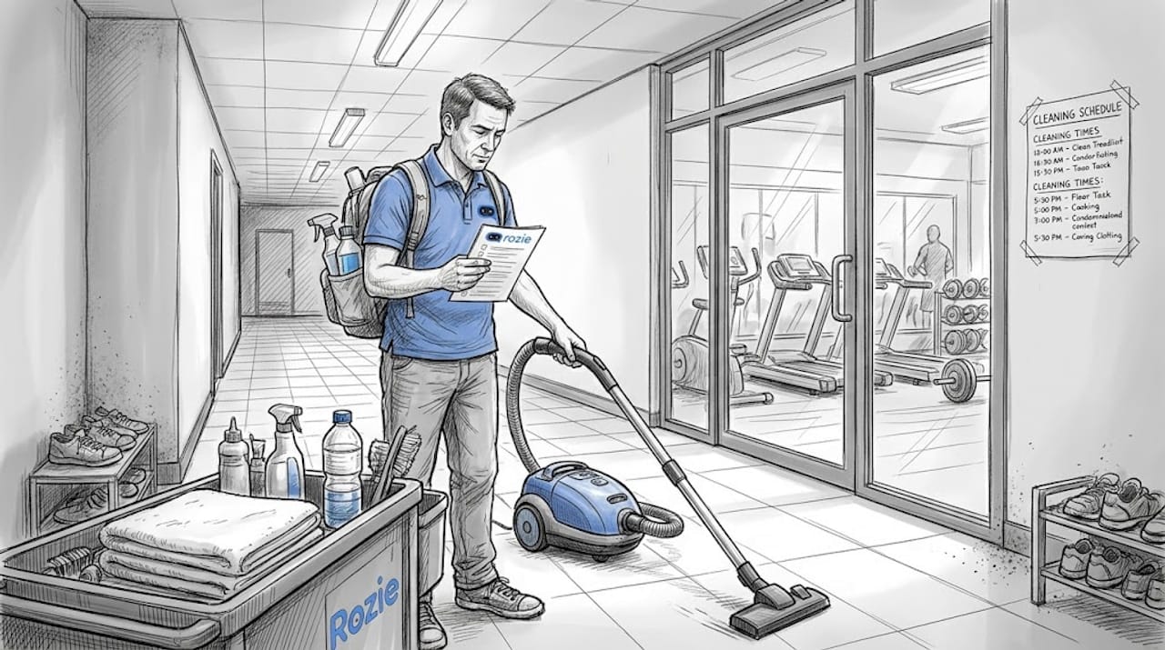 Professional cleaner reviewing a service checklist in a Malta condominium common area