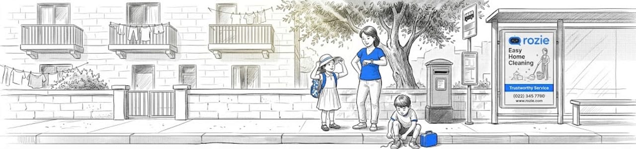 Family waiting at a Malta school bus stop on a sunny morning
