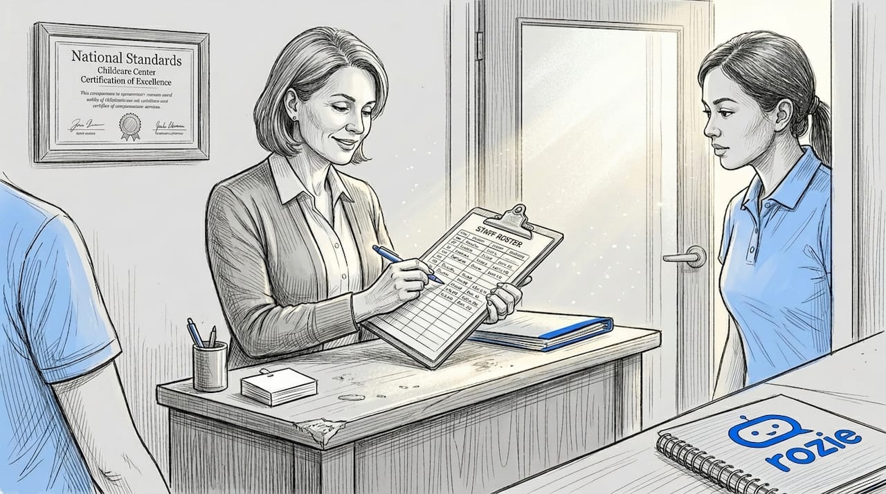 Childcare administrator reviewing staff roster and centre records