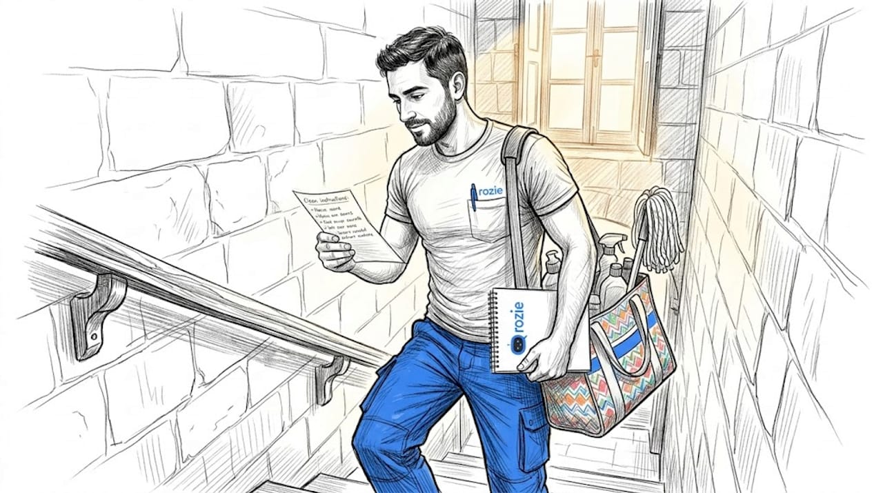 A professional cleaner carrying supplies up stairs in a Maltese apartment building