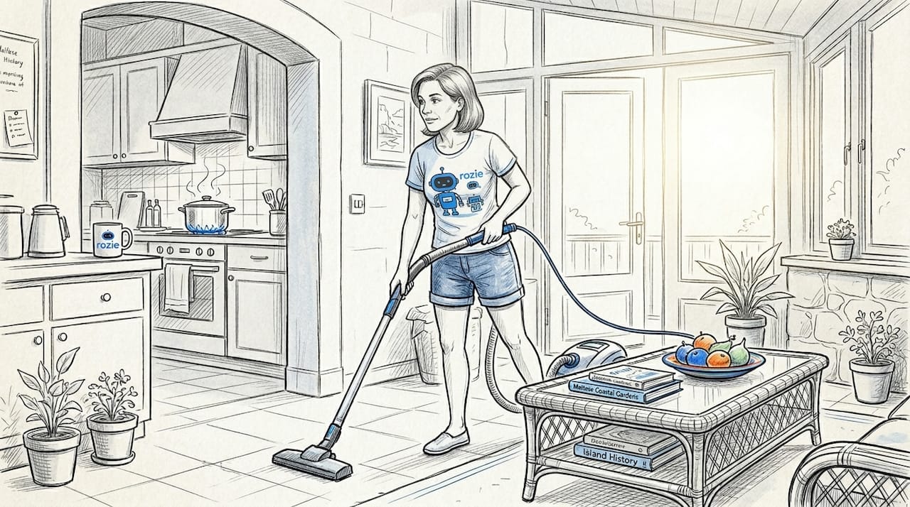 Single cleaner vacuuming a Malta living room - the typical residential cleaning scenario