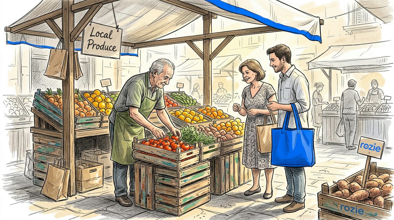 Vendor setting up stall with fresh produce at a Maltese farmers market