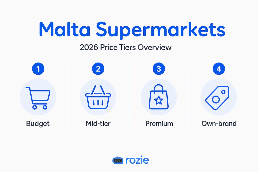 Infographic showing Malta supermarket price tiers from budget to premium