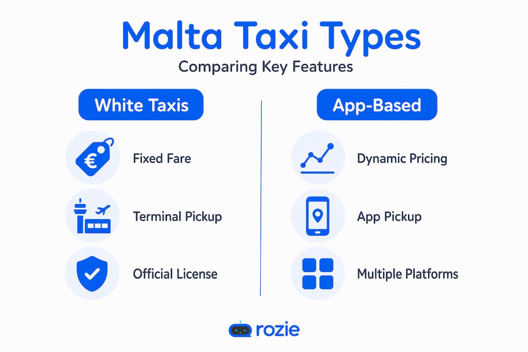 Infographic comparing Malta taxi types: white taxis, app-based services, and private transfers