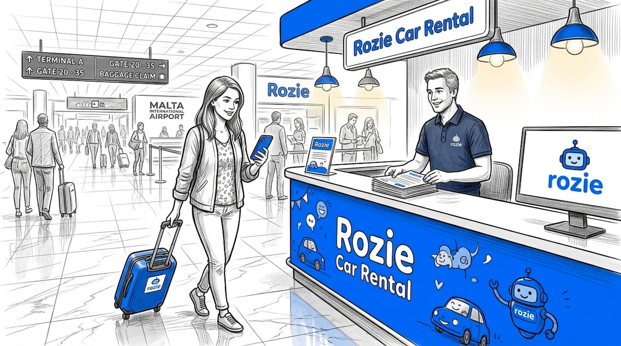 Traveler at Malta airport car rental counter with luggage
