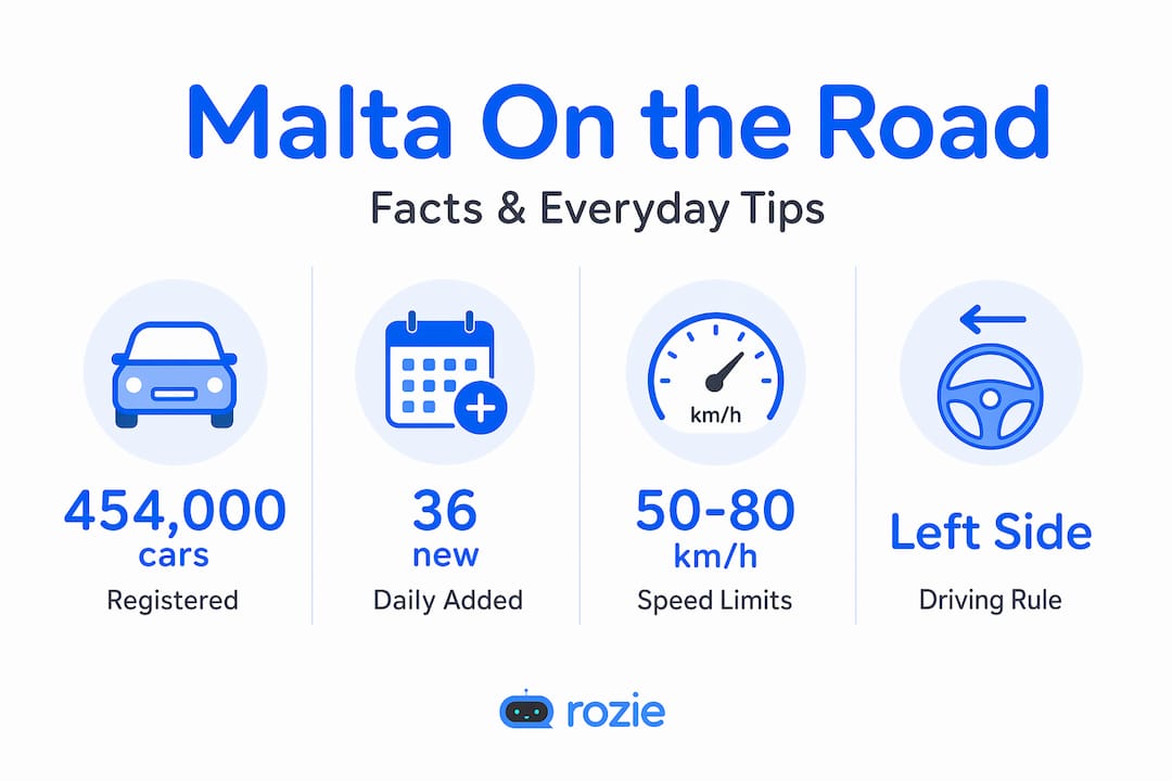 Infographic showing Malta car statistics and driving tips for 2026
