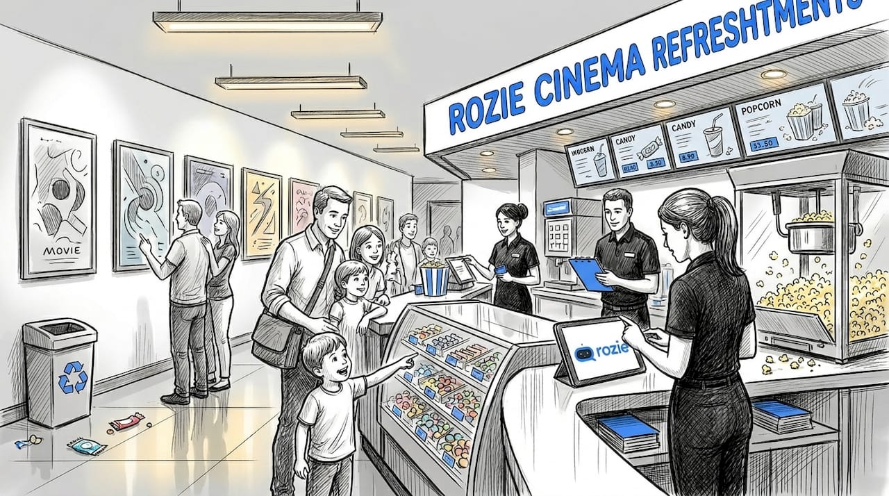 Moviegoers buying snacks at the concession stand in a Malta multiplex cinema lobby