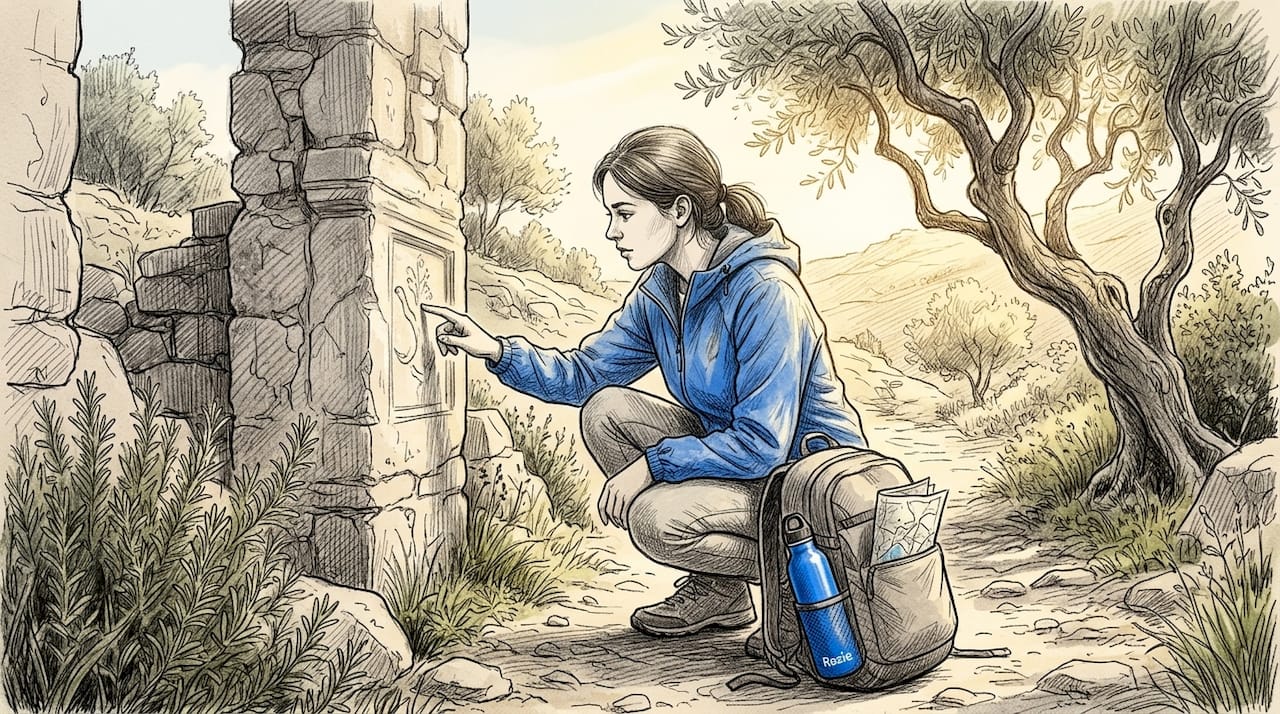 Hiker examining a stone ruin beside spring wildflowers on a Maltese trail