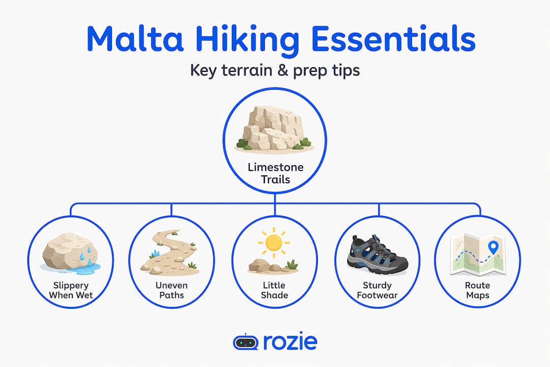 Malta hiking terrain and safety tips: limestone surfaces, sun exposure, cliff caution, and GPS navigation