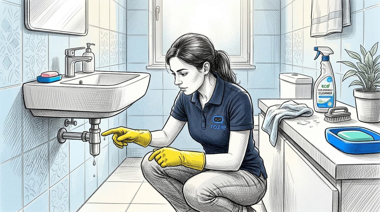 Cleaner inspecting a leaking pipe under a kitchen sink in a Malta home