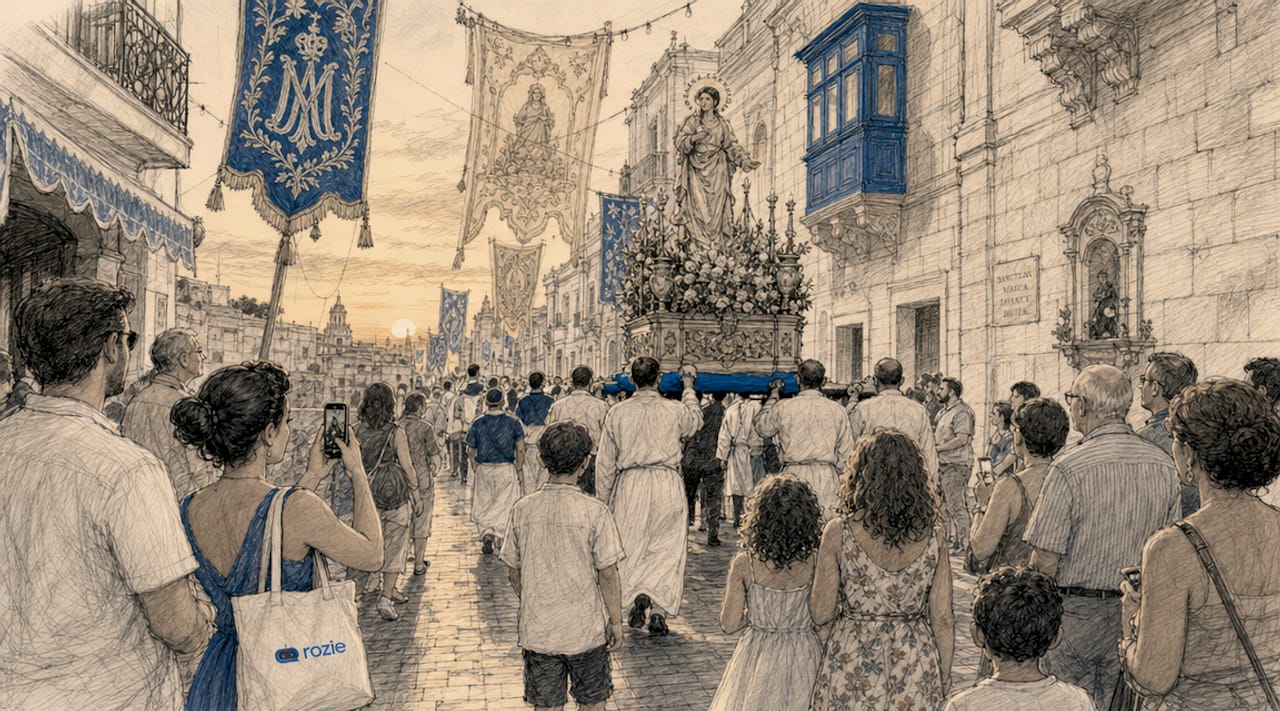 Maltese village festa procession carrying the patron saint's statue through a crowded street