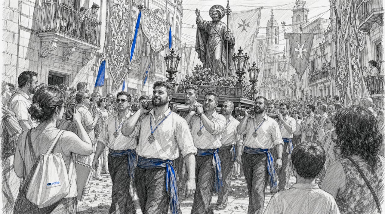 Reffiegħa carrying the patron saint's statue through the streets during a Maltese festa procession