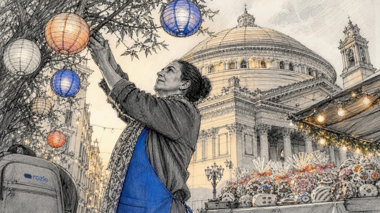 Woman preparing festa decorations outside the Mosta Rotunda
