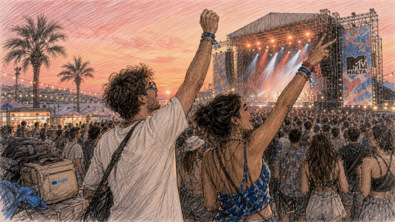 Crowd at the Isle of MTV open-air concert in Floriana at sunset