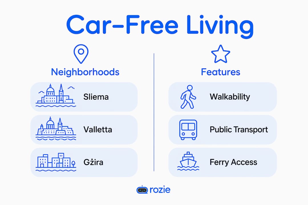 Infographic comparing Malta neighborhoods for car-free living