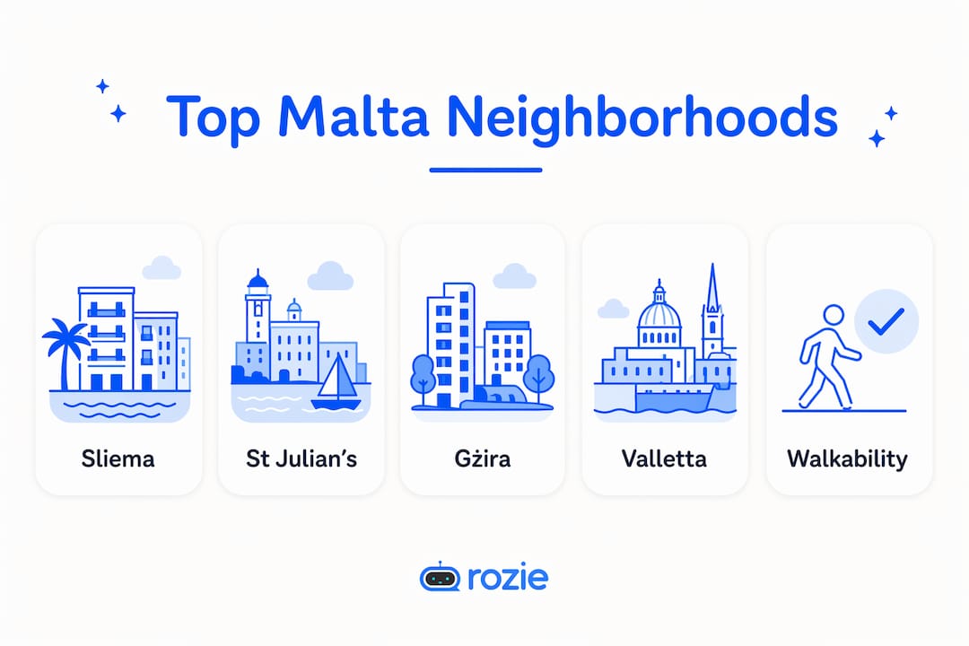 Infographic ranking top neighborhoods for car-free living in Malta
