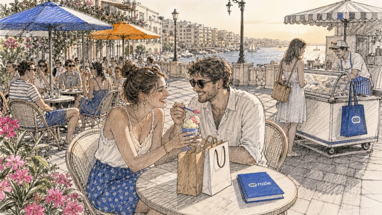 Busy seafront promenade in Sliema, Malta, lined with outdoor cafes and expats