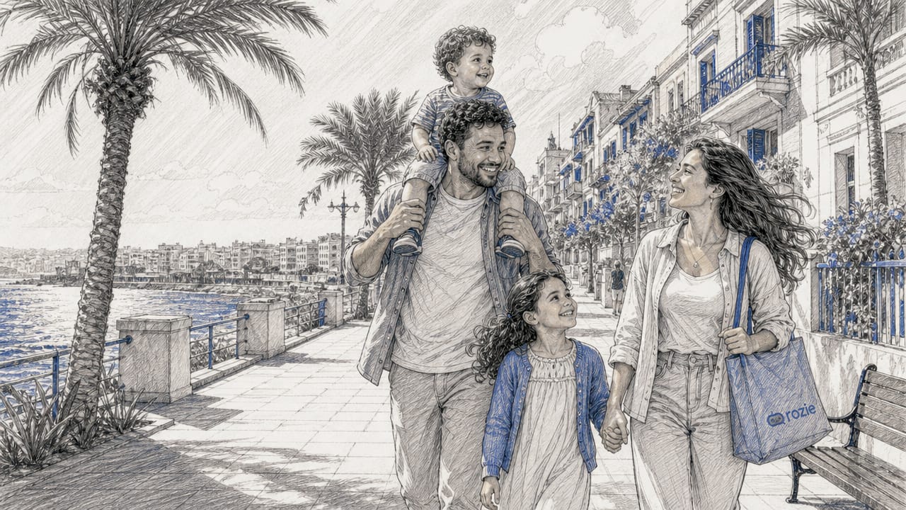 Family walking along the flat Sliema seafront promenade in Malta