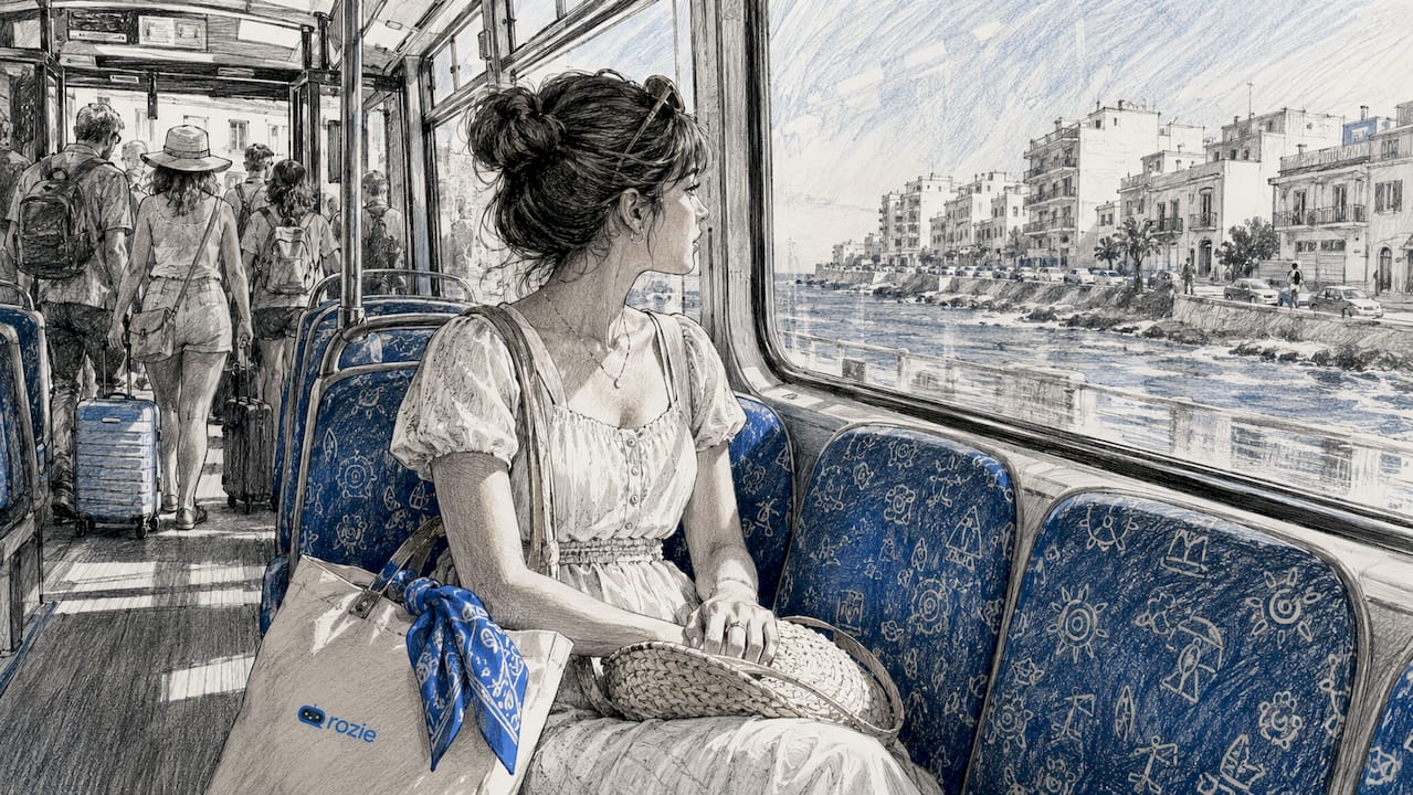 Woman on a Malta bus looking out at the airport and residential areas