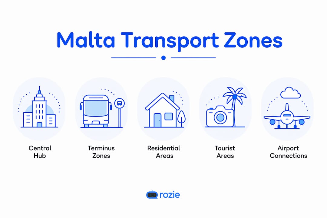 Infographic showing the Malta public transport zone hierarchy from hubs to terminus zones