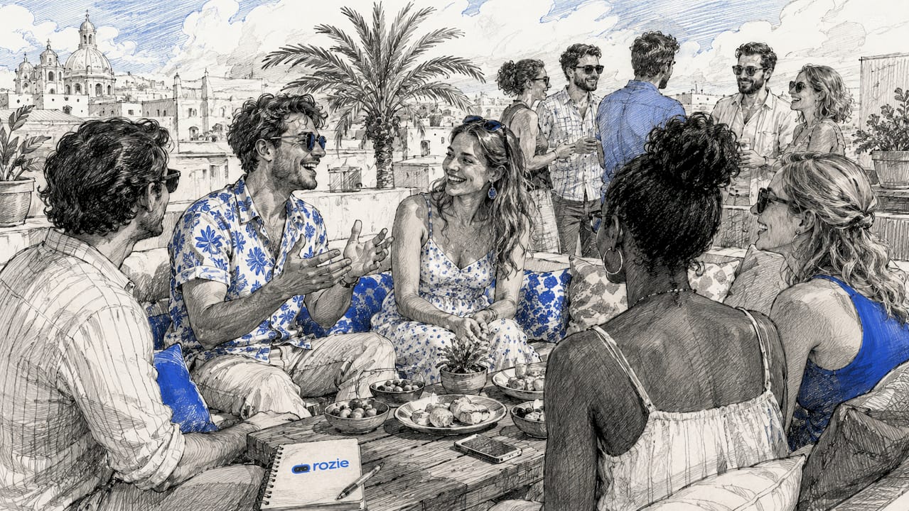 Expats socialising on a rooftop terrace in Malta at sunset