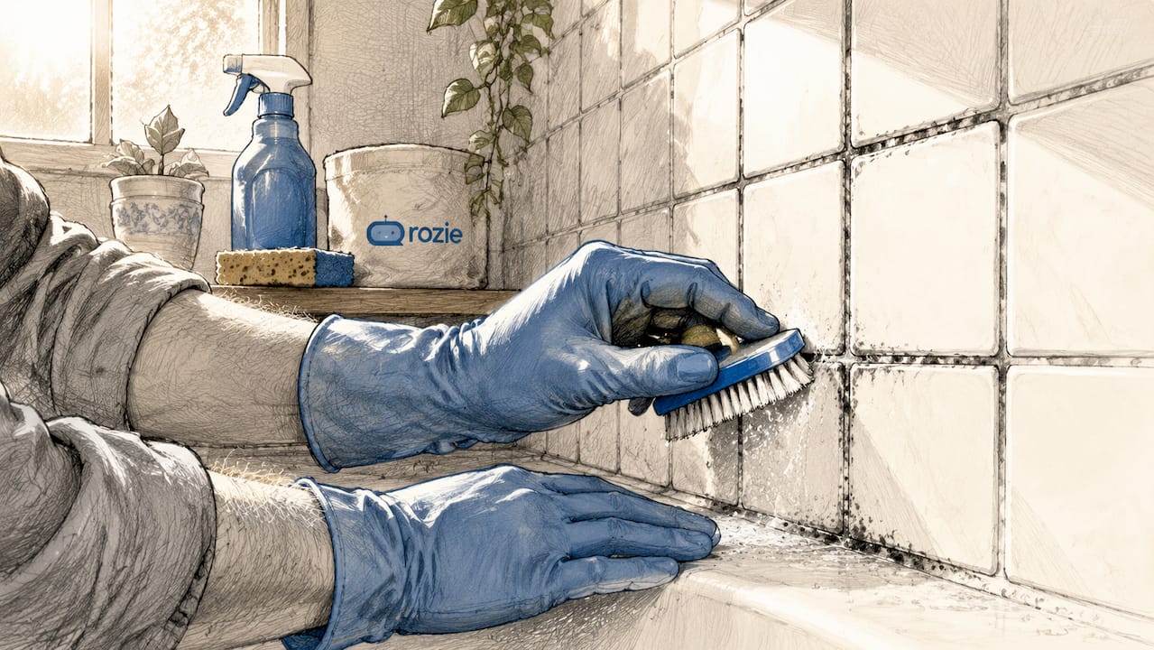 Gloved hands scrubbing black mould from bathroom grout with a brush