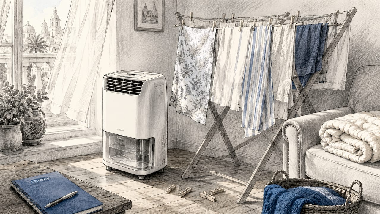 Close-up of a dehumidifier running next to an indoor clothes drying rack